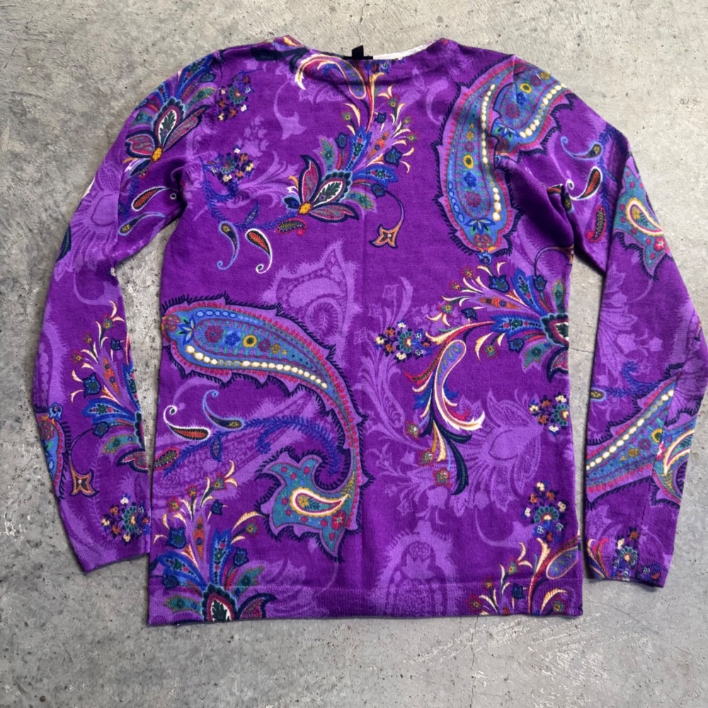 Talbots Women's Pure Merino Wool Purple Paisley Long Sleeves Sz S Retro Boho Y2k